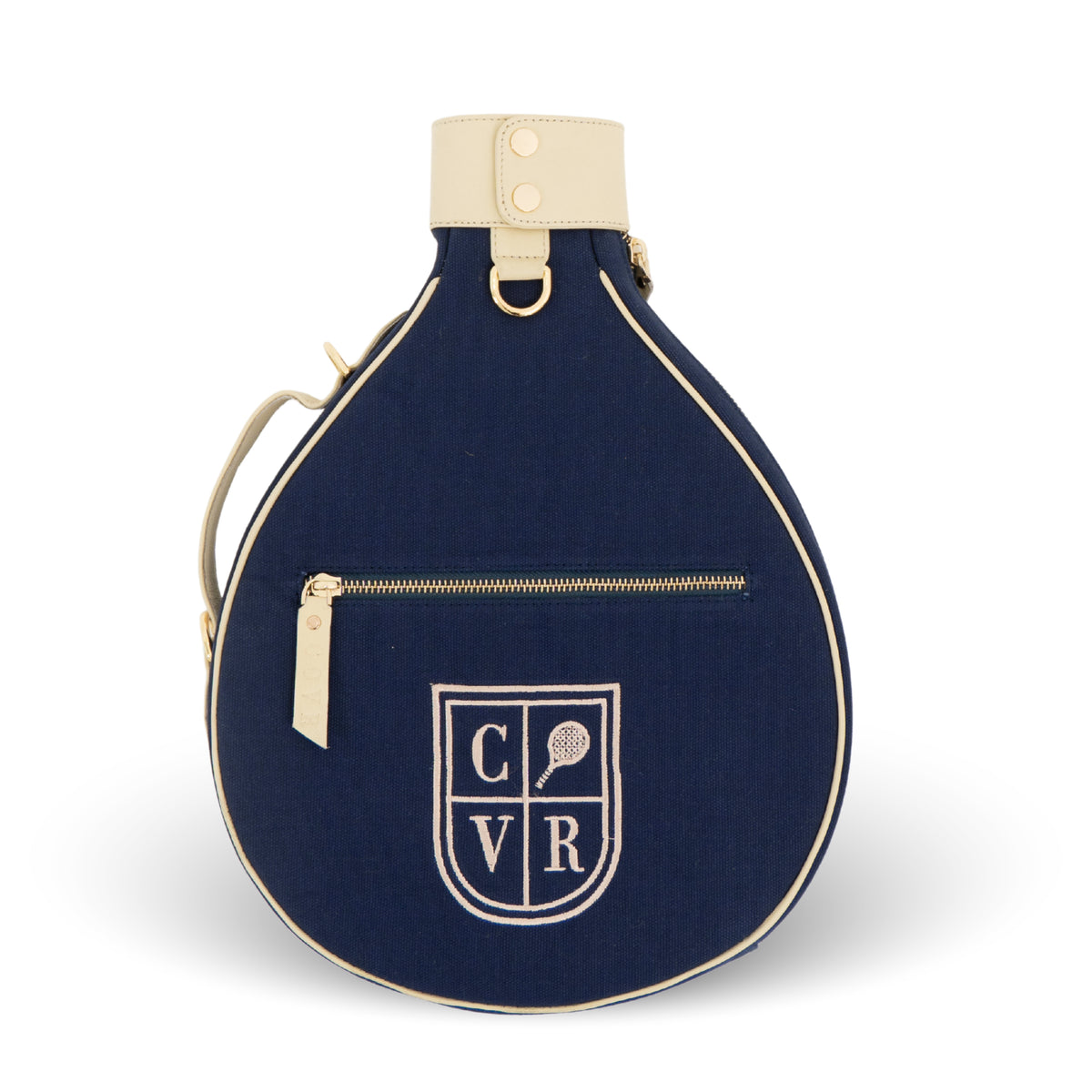 A navy blue tennis bag with cream-colored trim, a top strap, and a front zippered pocket featuring a cream-colored crest logo with the letters C, V, and R and a tennis racket motif. The bag is photographed on a clean white background with a soft shadow.
