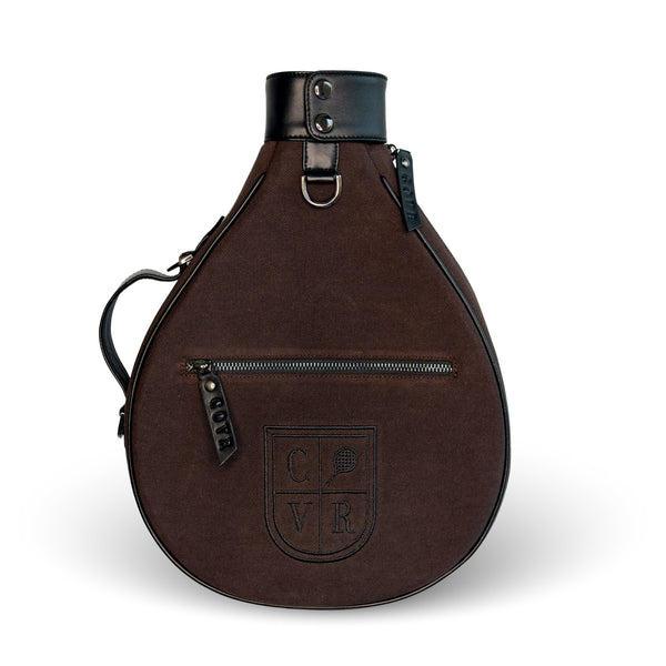 Coffee COVR padel racket cover in dark brown with black leather trim, front view