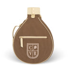 A brown teardrop-shaped tennis bag with cream-colored trim, a top handle, and a front zippered pocket. The front features an embroidered shield crest with the letters 'CVR' and a tennis racket icon.
