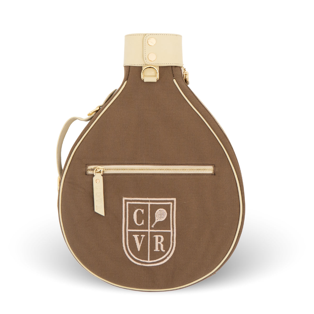 A brown teardrop-shaped tennis bag with cream-colored trim, a top handle, and a front zippered pocket. The front features an embroidered shield crest with the letters 'CVR' and a tennis racket icon.