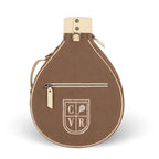A brown teardrop-shaped padel bag with cream-colored trim, a top strap, and a front zippered pocket featuring a cream shield logo with the letters C, V, and R and a tennis racket icon. The bag is photographed on a clean white background with a soft shadow.