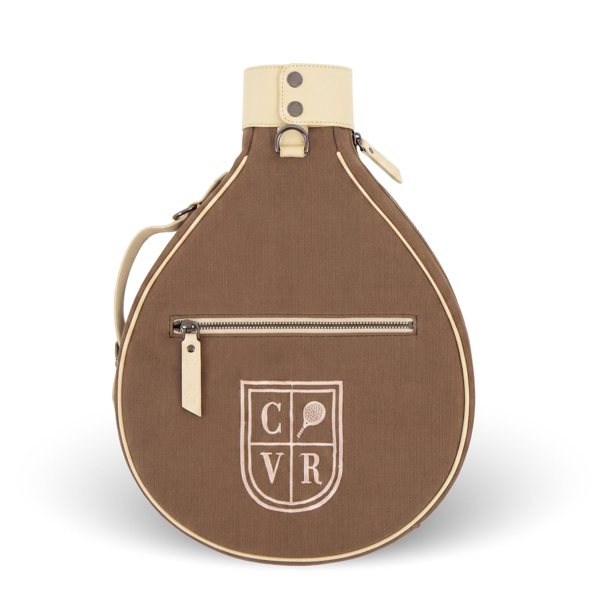 A brown teardrop-shaped padel bag with cream-colored trim, a top strap, and a front zippered pocket featuring a cream shield logo with the letters C, V, and R and a tennis racket icon. The bag is photographed on a clean white background with a soft shadow.
