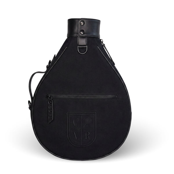Total Black COVR padel racket cover with black leather trim and black zip, front view