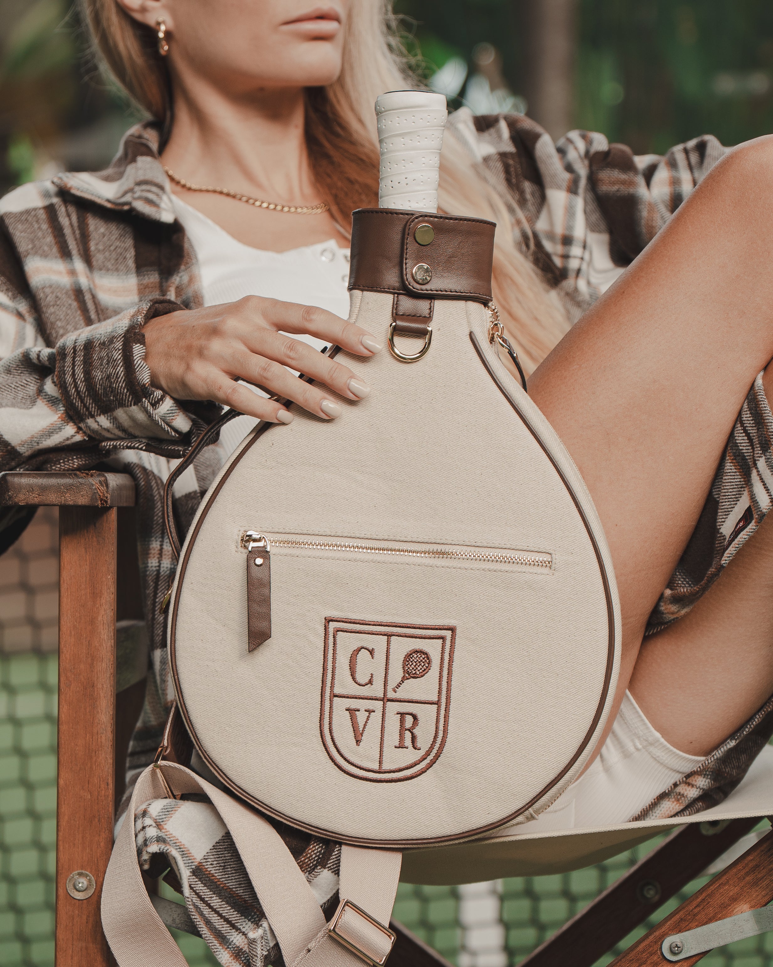 Natural Canvas & Dark Brown Leather Padel Racket Cover