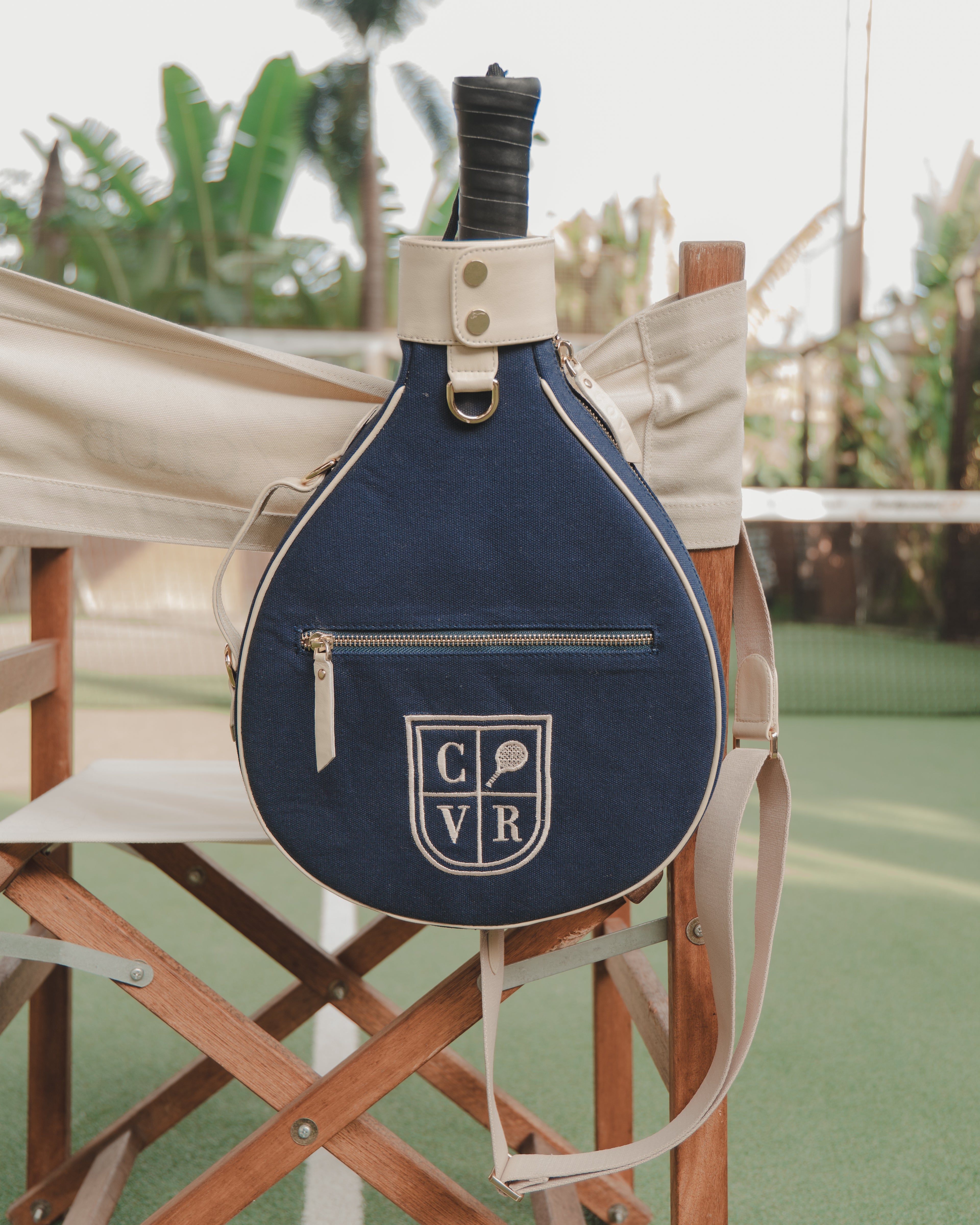 Blue Canvas & White Leather Padel Racket Cover