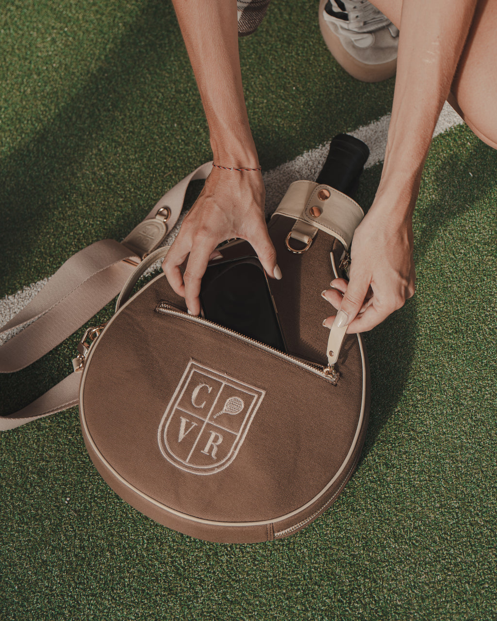 Brown Canvas & Crème Leather Padel Racket Cover