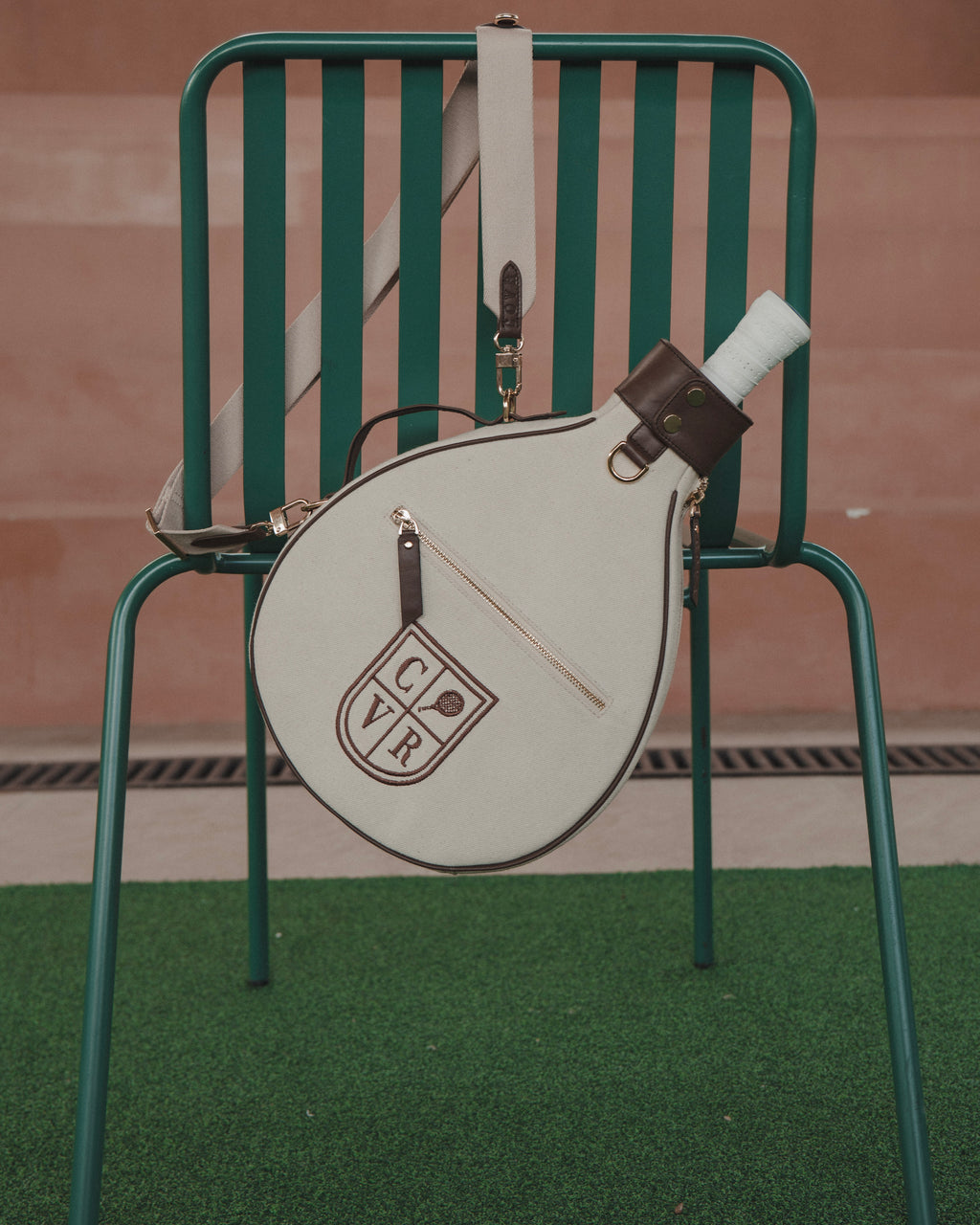 Natural Canvas & Dark Brown Leather Padel Racket Cover