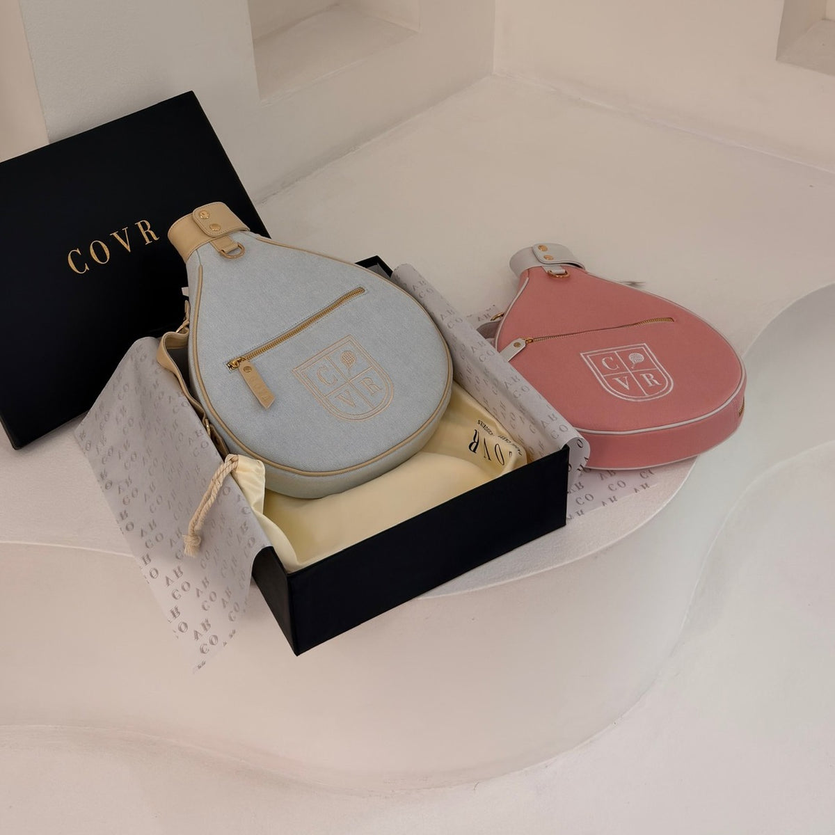 Sky Denim and Baby Pink COVR covers with the COVR gift box
